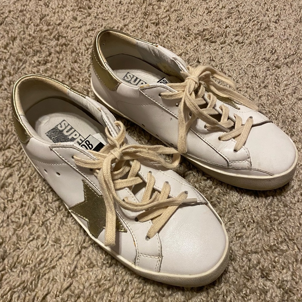 Golden Goose White Leather Sneakers with Gold Star Accent